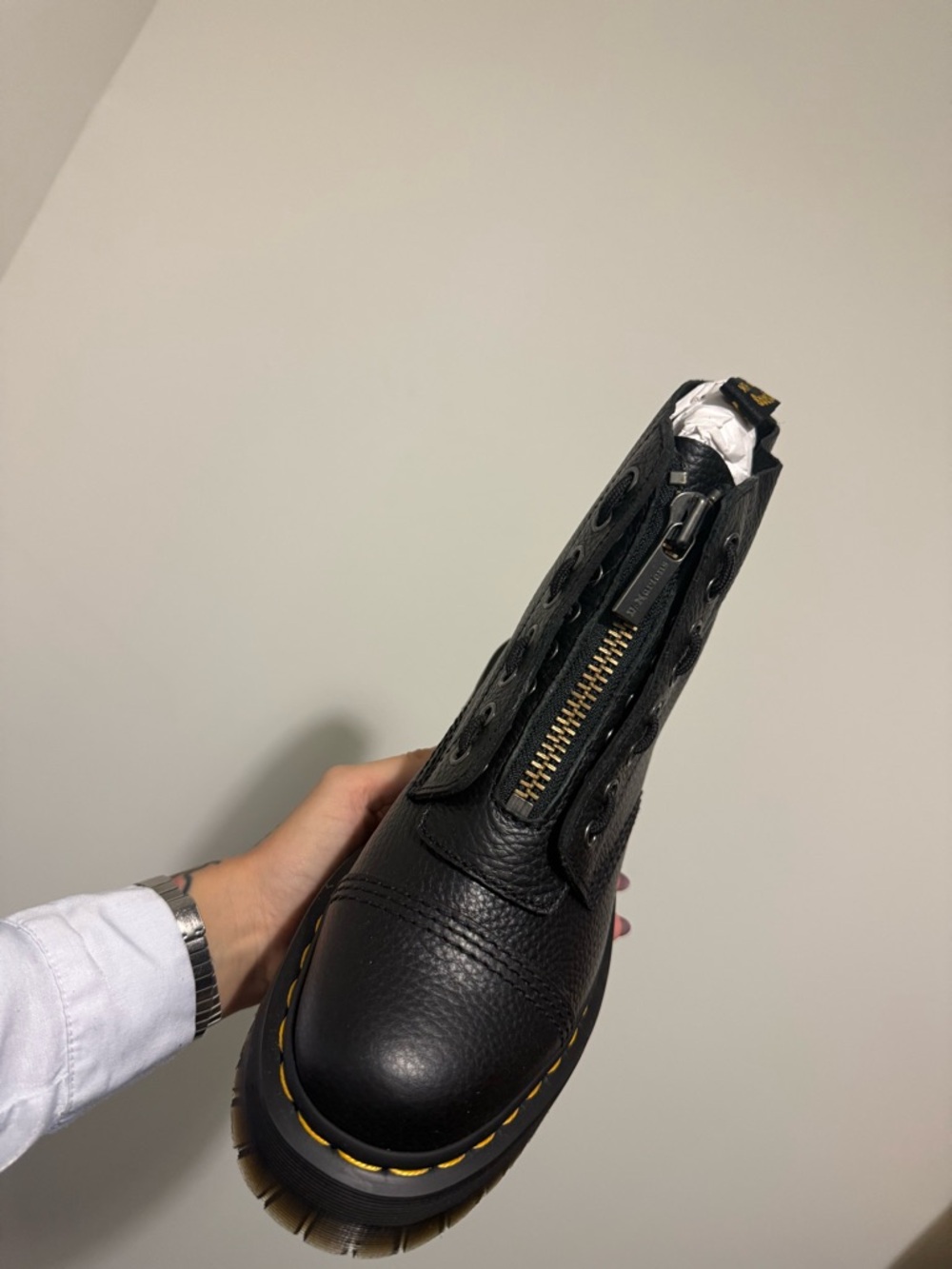 Dr. Martens Black Leather Zip Front Ankle Boot with Yellow Welt